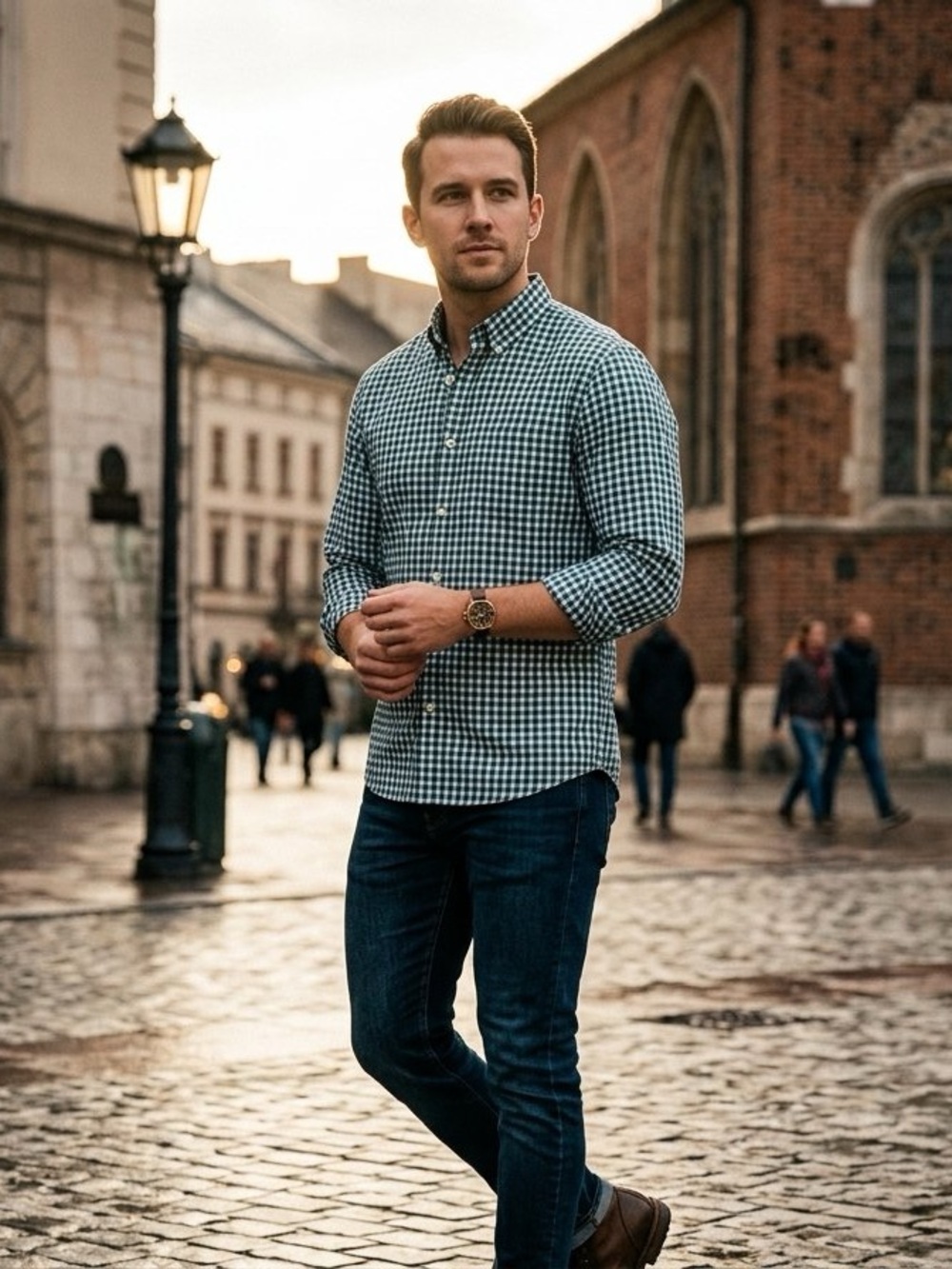 Goodfellow & Co Men's Green and White Plaid Button Down Shirt